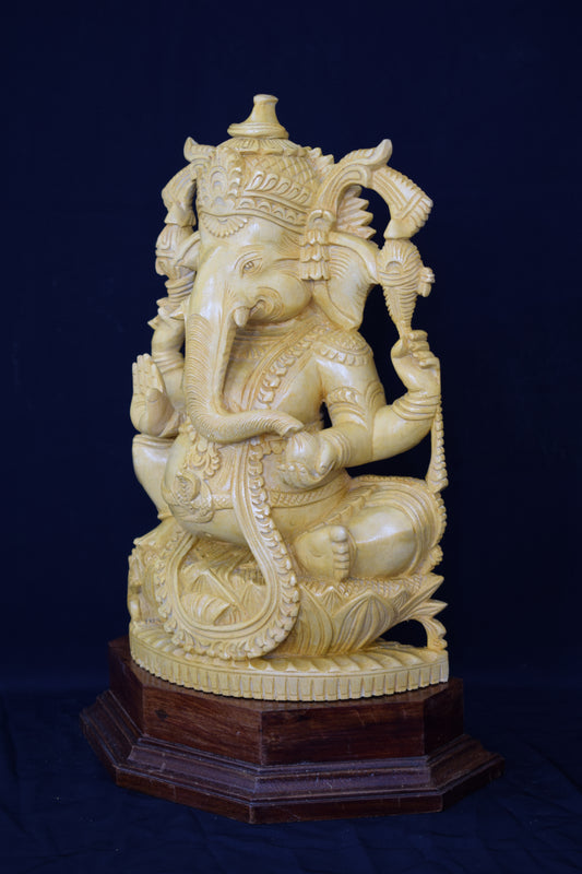 8 Inch Handcrafted Whitewood Ganesha Idol with Rosewood Base – Wooden Ganesh Murti for Home Décor & Pooja