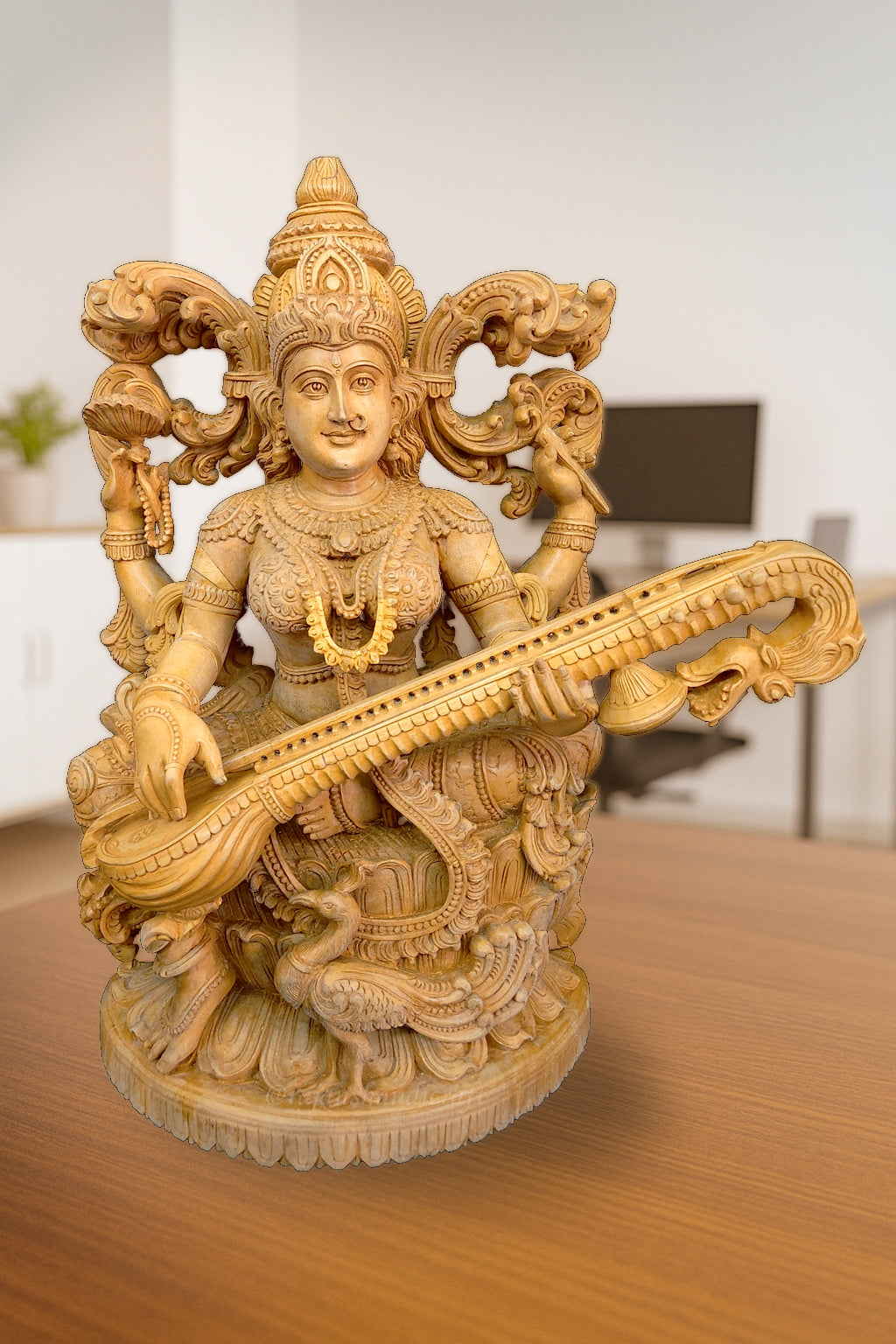 Saraswati Statue – 24 Inch Handmade Whitewood Idol with Free Rosewood Base | For Home Temple or Gift