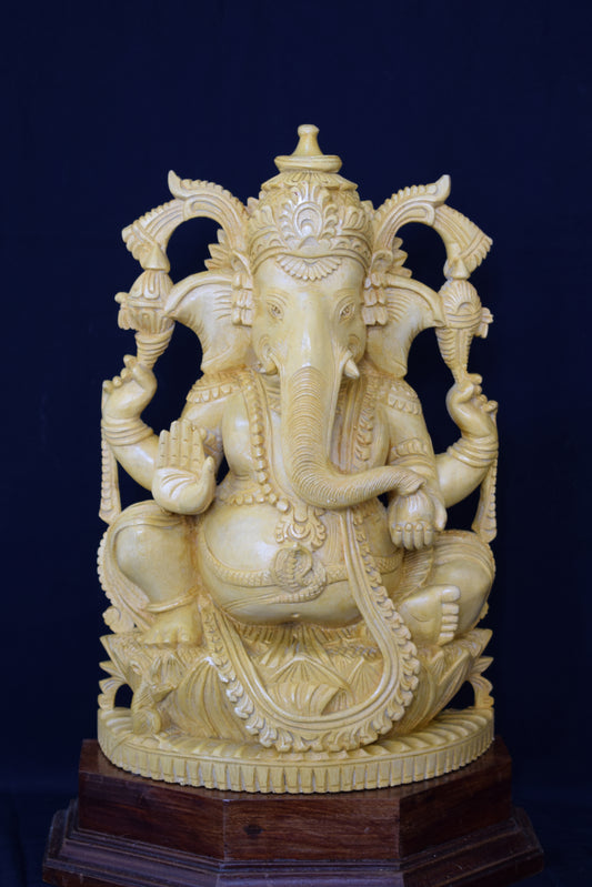 8 Inch Handcrafted Whitewood Ganesha Idol with Rosewood Base – Wooden Ganesh Murti for Home Décor & Pooja