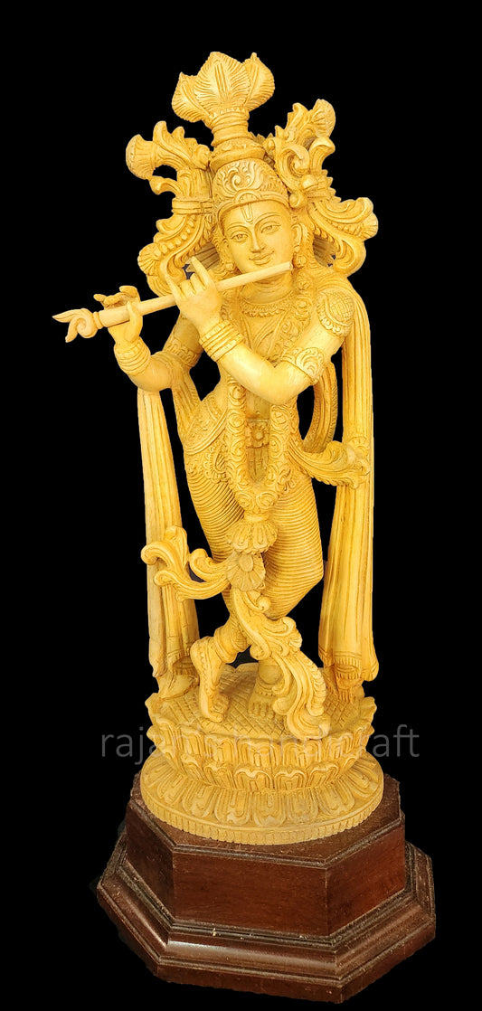 Standing Krishna Statue - 18 Inch Handcrafted Artisan-Made Whitewood Idol with Rosewood Base | Divine Home Temple & Spiritual Gift