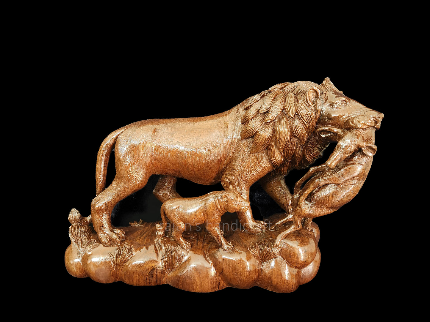 Handcrafted Rosewood Lion and Deer Sculpture - "The Circle of Life" –  16" Width