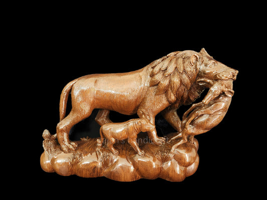 Handcrafted Rosewood Lion and Deer Sculpture - "The Circle of Life" –  16" Width