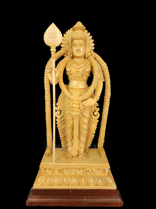 22 Inch Handmade Murugan Statue - Whitewood with Rosewood Base | Wooden Lord Murugan Idol for Home Temple, Pooja Room & Spiritual Gifting