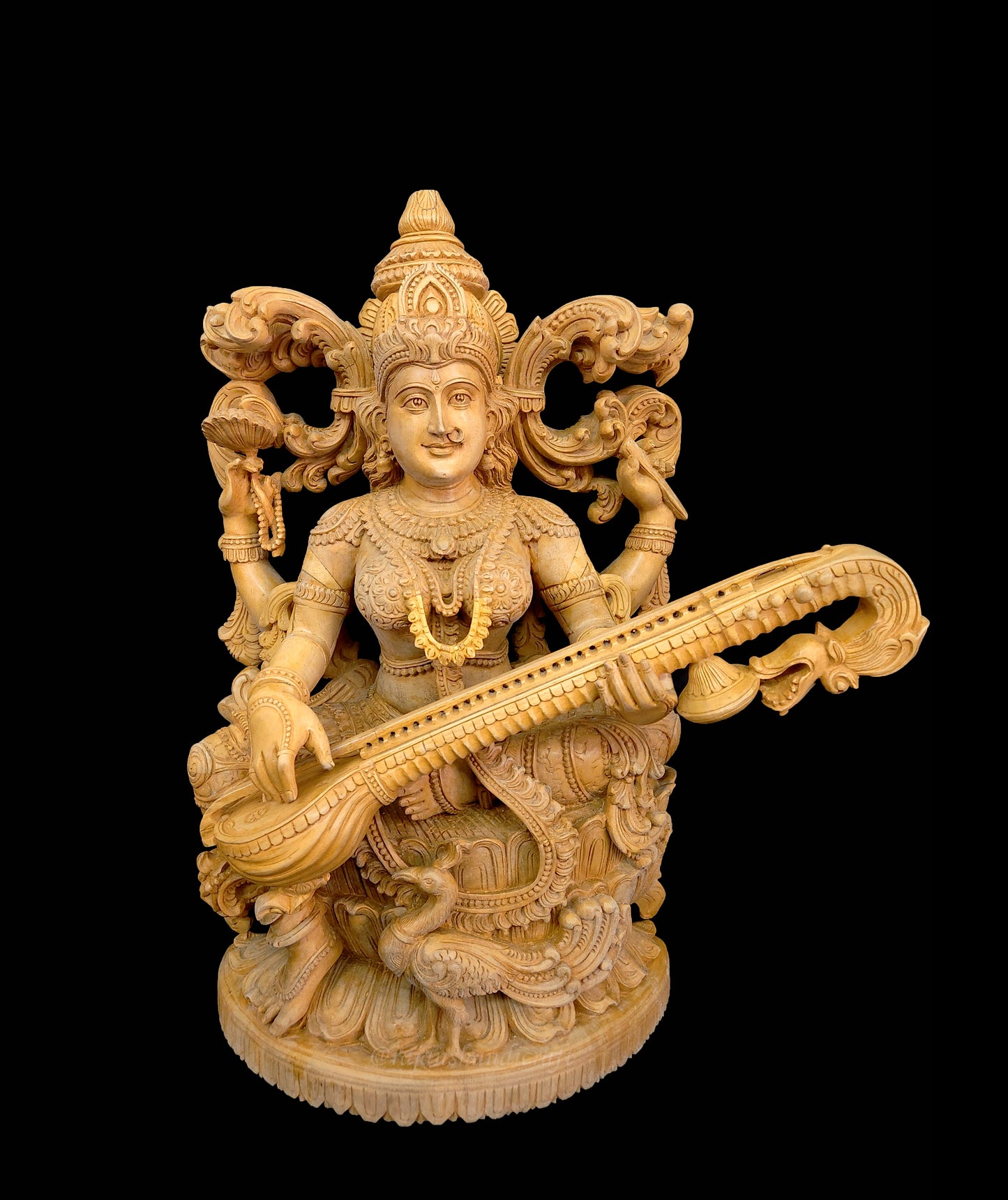 Saraswati Statue – 24 Inch Handmade Whitewood Idol with Free Rosewood Base | For Home Temple or Gift