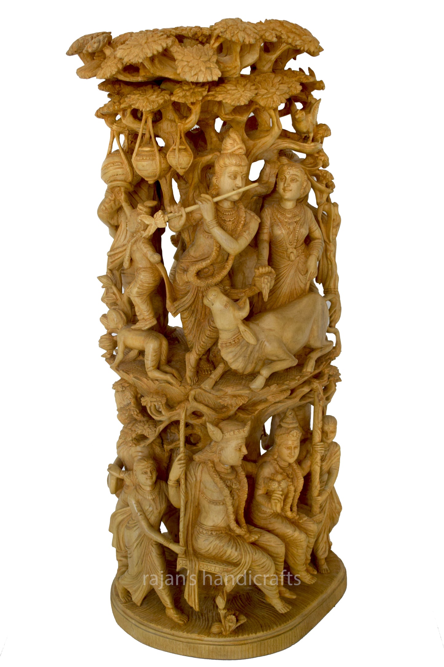 Krishna-Radha Ras Leela 30-Inch Sculpture – Handmade Whitewood Masterpiece with Gopikas & Childhood Krishna Tales