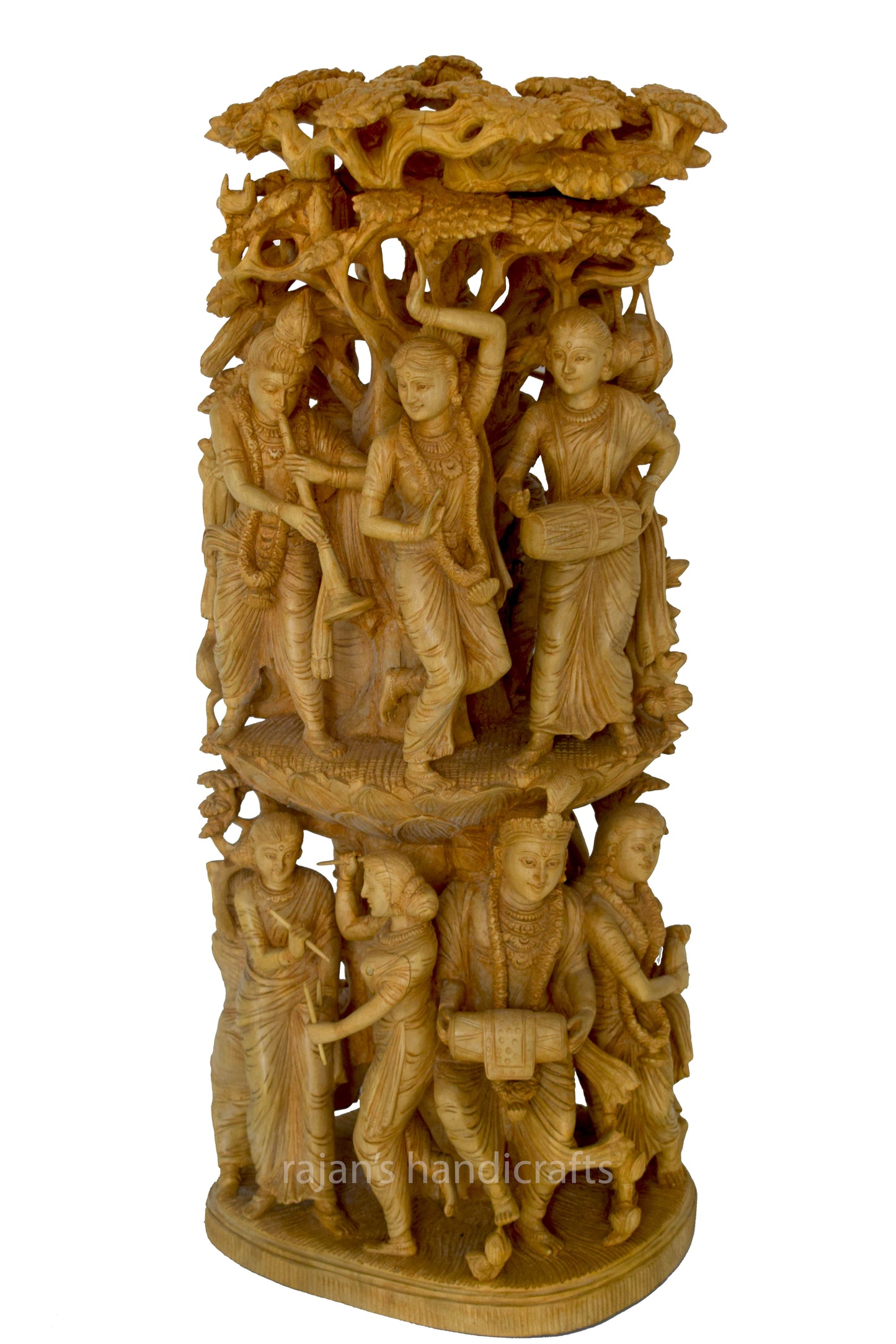 Krishna-Radha Ras Leela 30-Inch Sculpture – Handmade Whitewood Masterpiece with Gopikas & Childhood Krishna Tales